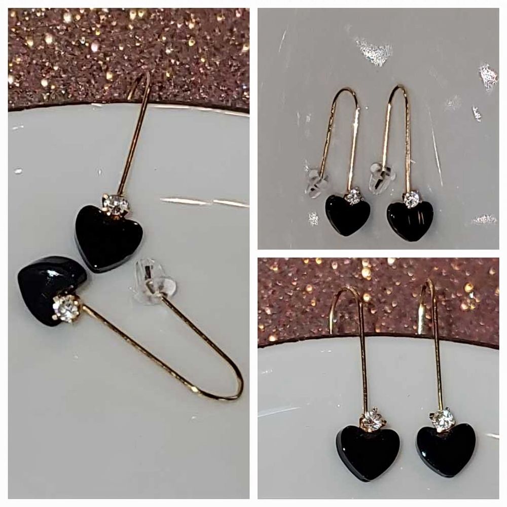 Dainty Onyx and Cubic Zirconia Heart Earrings